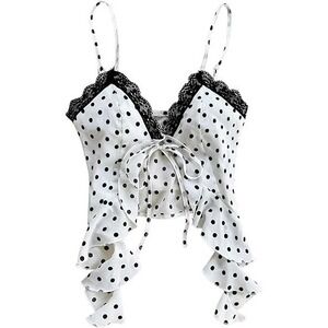 Oyoangle Women's Polka Dots Contrast Lace V Neck Cami Ruffle Trim Crop  Sexy NWT